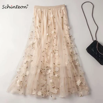 

High quality Mesh Skirt Floral Embroidery Multi-layer Pleated A-lined High Waist Skirt Women New Autumn