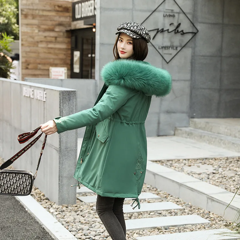 

Photo Shoot 2019 Korean-style plus Velvet Jacket Woman Cotton Dress Parka Thick Extra-large Waist Hugging Hooded Fashion Large F