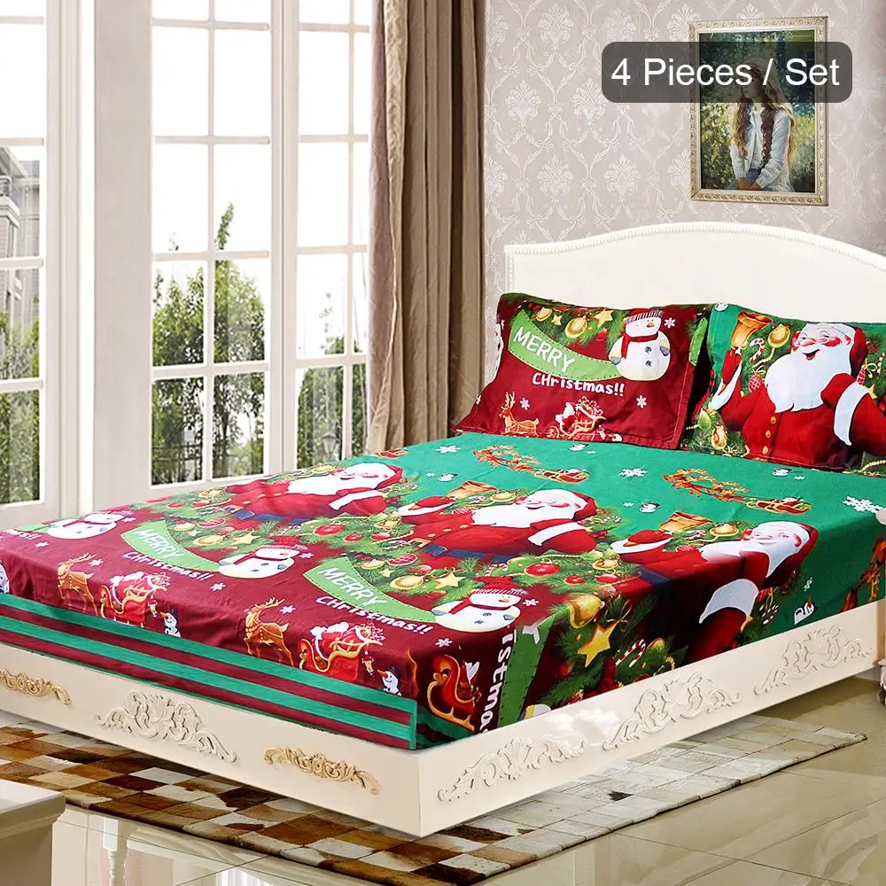 

New 4pcs/set Christmas Santa Bedding Set Micro Fiber 3D Printed Fitted Bed Sheet Pillowcase Bed Sheet Set Christmas Bedroom Deco