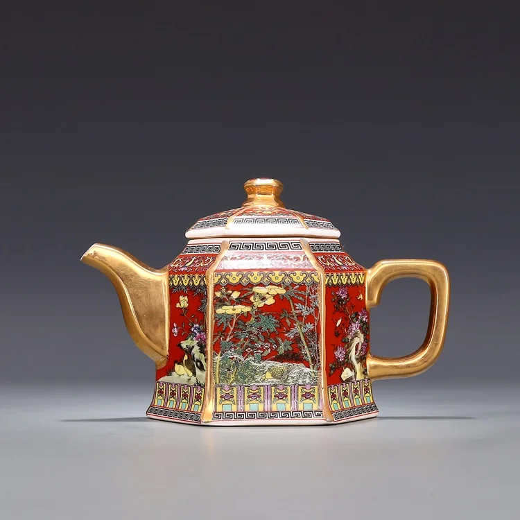 Старинный эмалированный Золотой чайник Цзиндэчжэнь Qianlong с ручкой шестигранный