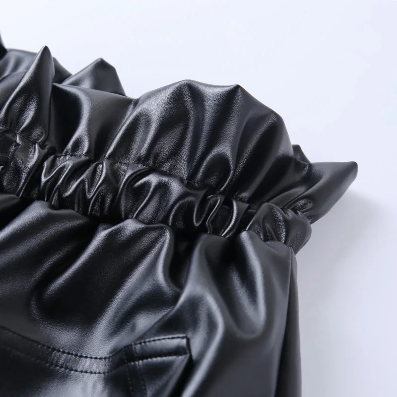 Высокая улица черный искусственная кожа бумажный мешок брюки для женщин PU Карандаш Брюки Высокая талия шнурок дамские модные кожаные брюки