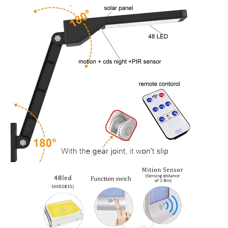 Новейший 48LED уличный светильник на солнечной энергии с датчиком движения PIR, настенный светильник на открытом воздухе с дистанционным управлением, вращающийся кронштейн, уличный светильник на солнечной батарее