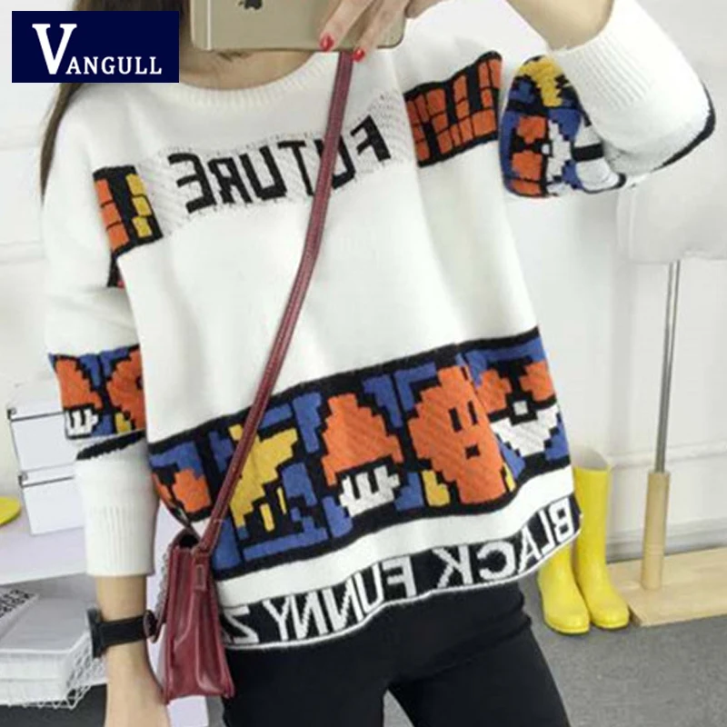 Vangull Letter Print Sweater Preppy Style Knitted Pullovers 2019 Autumn Fashion Long Sleeve O-Neck Women Sweaters and Pullovers