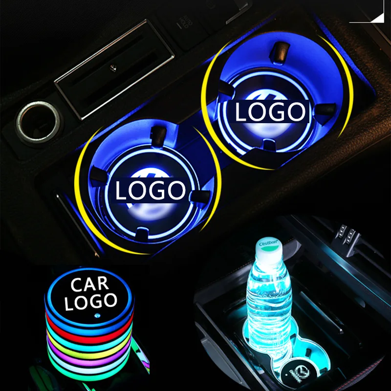 

2X Car Led Logo Cup Pads Holder Auto Luminous Coasters Atmosphere Lamps Decorative lights For Bmw Ford Volkswagen Accessories