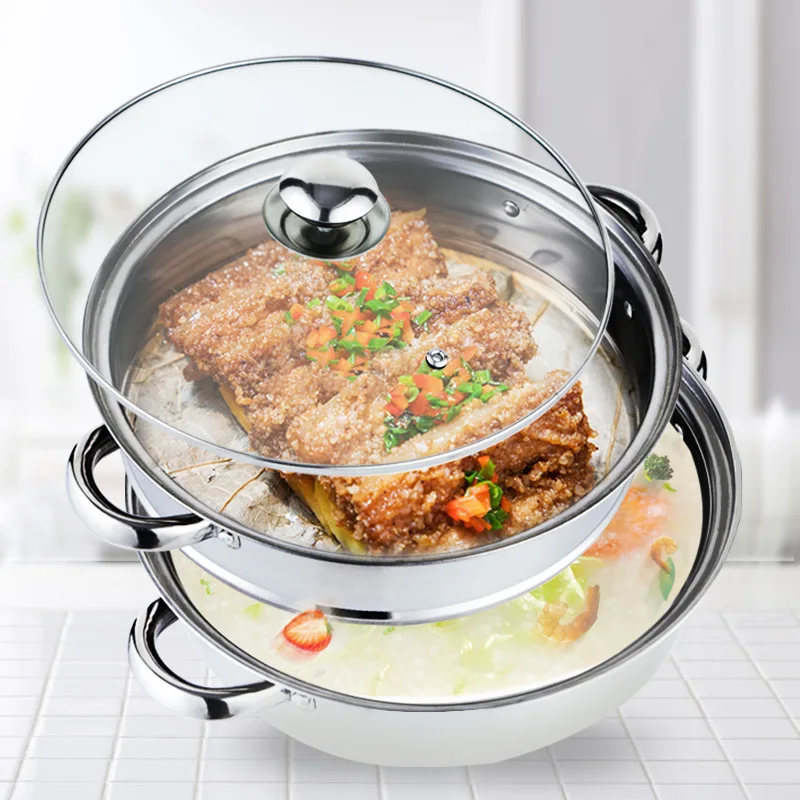 Steamer Pot 28CM Stainless Steel Steam Pot Thicken Double Boiler 2-Layer Steamer Induction Cooker Steaming Soup for Home