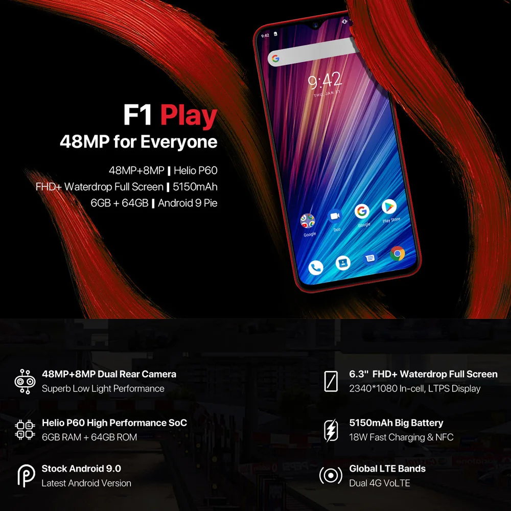 UMIDIGI F1 Play, глобальная версия, 6 ГБ ОЗУ, 64 Гб ПЗУ, Android 9,0, 48 Мп+ 8 Мп+ 16 МП камеры, 5150 мАч, 6,3 дюйма, FHD+ Helio P60, смартфон, двойной, 4G