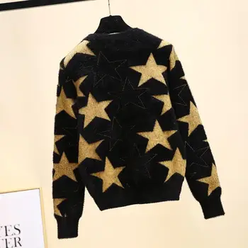 

Fashion Autumn 2019 Fashion Stylish Black Sweater Star Print Mink Fleece Loose Sweater