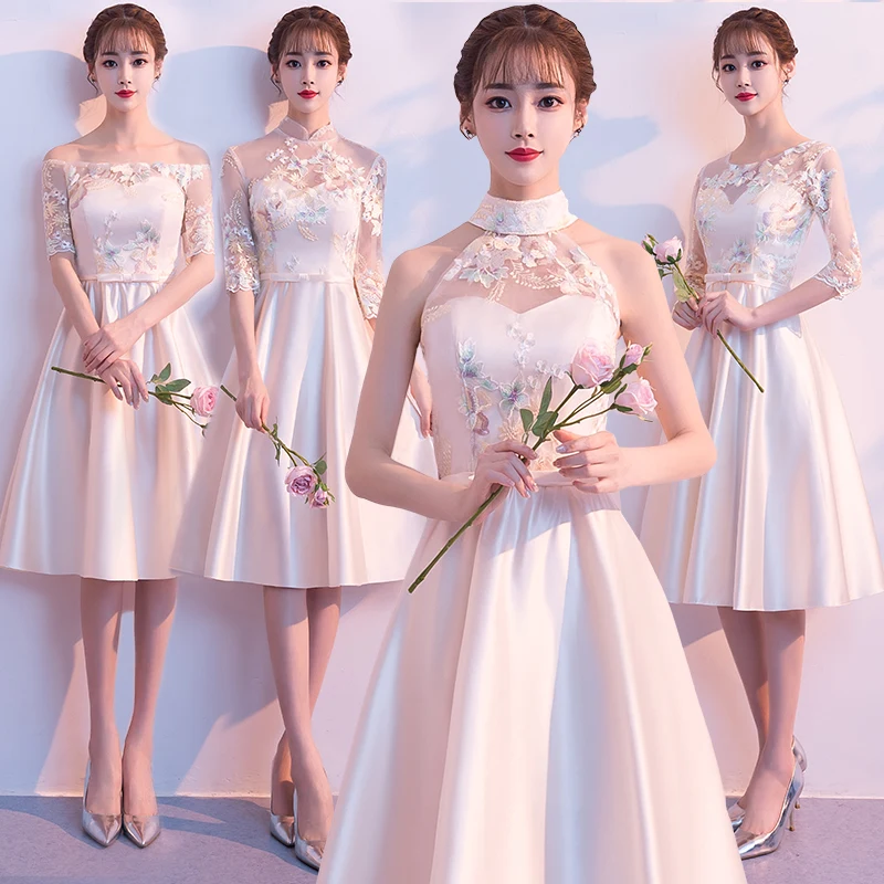 Bridesmaids Dresses Illusion V-Neck Embroidery Bow Lace Knee-Length Tulle Sleeveless Luxury A-Line Women Wedding Party Gown E092