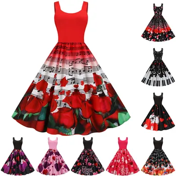 

2020 New Print Dress Women Vintage Valentines Day Rose Print Clothes Sukienki Sleeveless Evening Party Dress Vestido Mujer #C12