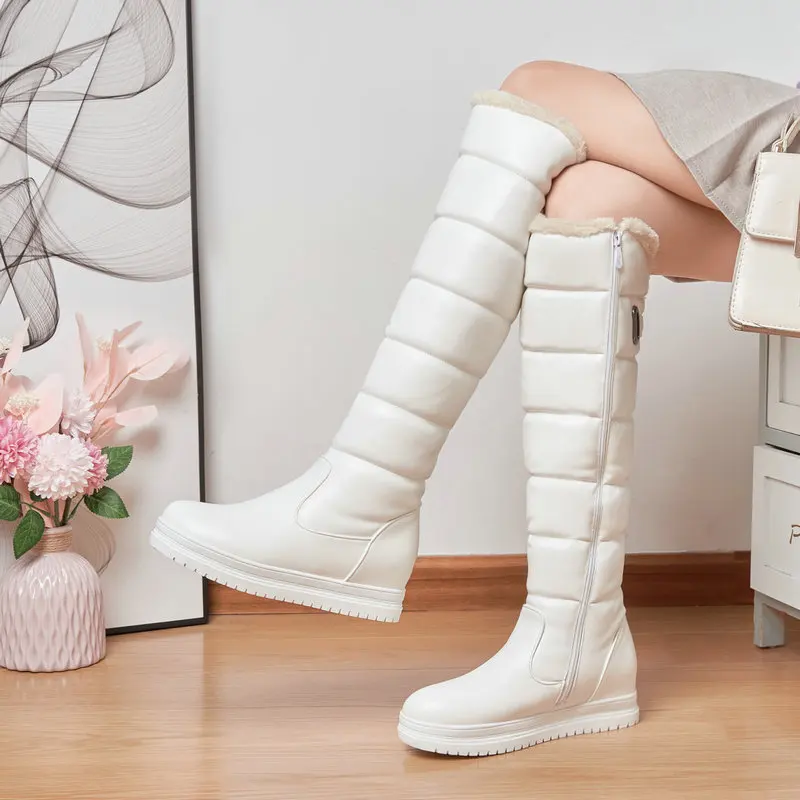 

Women's Winter Round Toe Student Inner Heightening Warm Snow Boots Solid Color Flat Heel Zipper Knee High Boots Women's Shoes