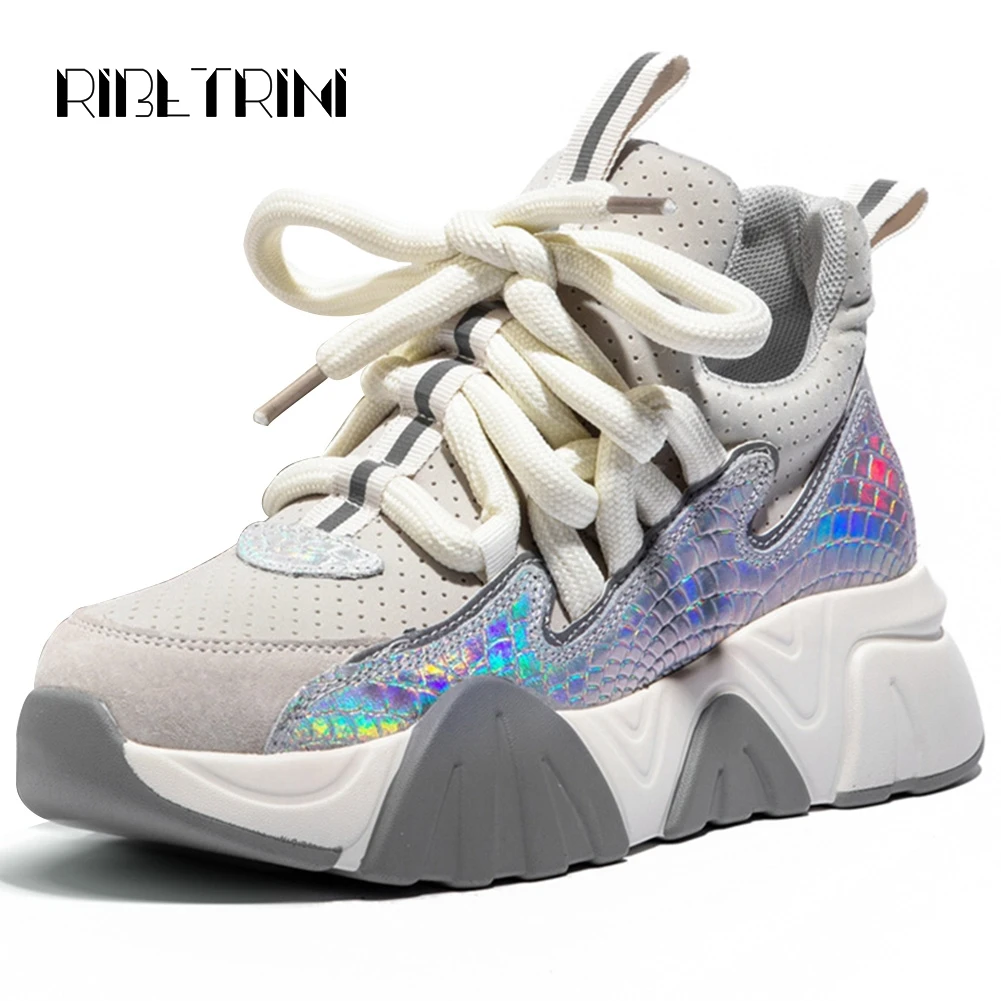 

RIBETRINI Women Genuine Leather Dad Shoes 2019 New Thick Heels Round Toe Lace Up Platform Spring Autumn Casual Sneakers