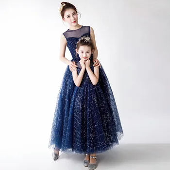 

Mama Kids Mother Daughter Evening Wedding Dress Long Ball Gown Mommy Girls Birthday Party Dress Off Shoulder Dark Blue Dress