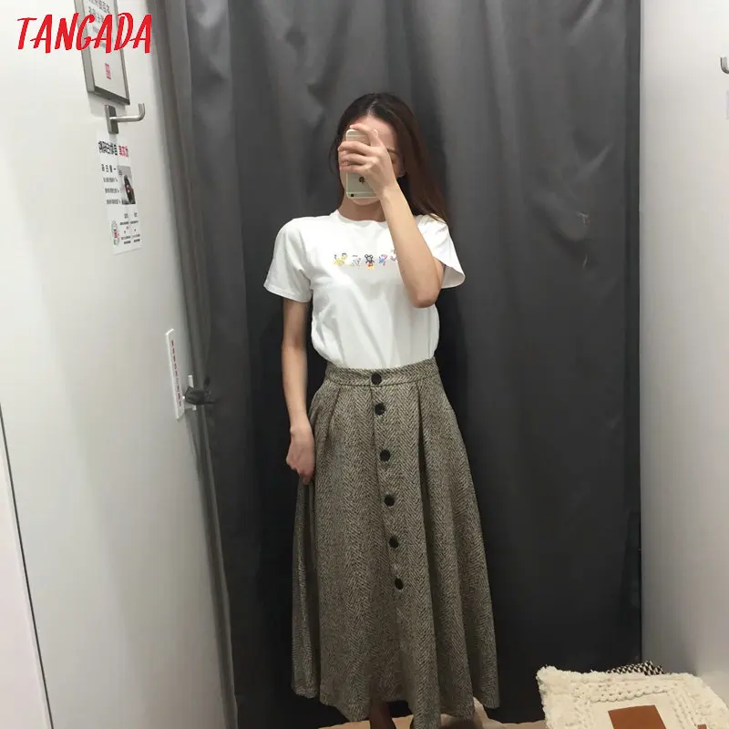 Tangada women winter elegant skirts vintage faldas high waist pocket buttons office ladies long skirts 3h121