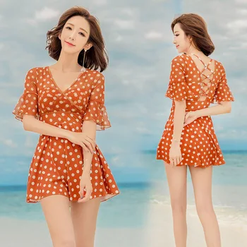 

Women Swimsuit One Piece Woman's Female Beach And Bikinis May 2019 Block Korea Ins Web Plus Size Fat Bikini Woman Dot Polyester