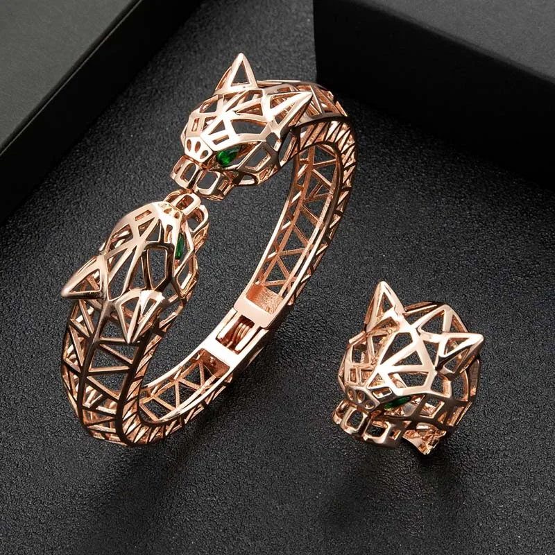 

Zlxgirl jewelry rose gold leopard head shape women men bangle with ring jewelry set high Dubai Bracelet anel bijoux free box