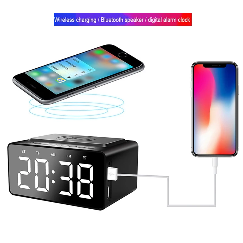 Bluetooth speaker BT508 Modern design digital led alarm clock with wireless charger Household clock Desktop mirror led clock