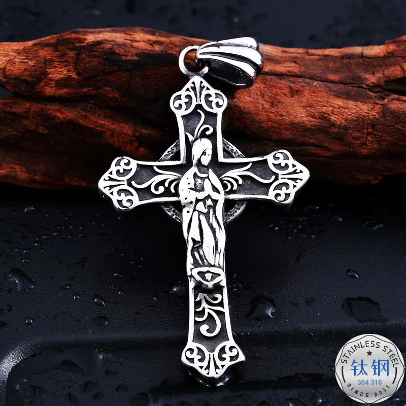 

Europe And America Retro Popular Ornament Punk Men Titanium Steel Pendant Pendant Saint Lace Cross New Style Hot Selling