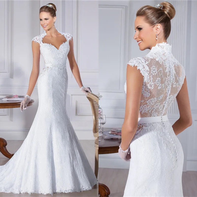 

Excellent high quality sweetheart cap sleeve see through back sash appliqued lace vestido de noiva sereia 2015 IZ29