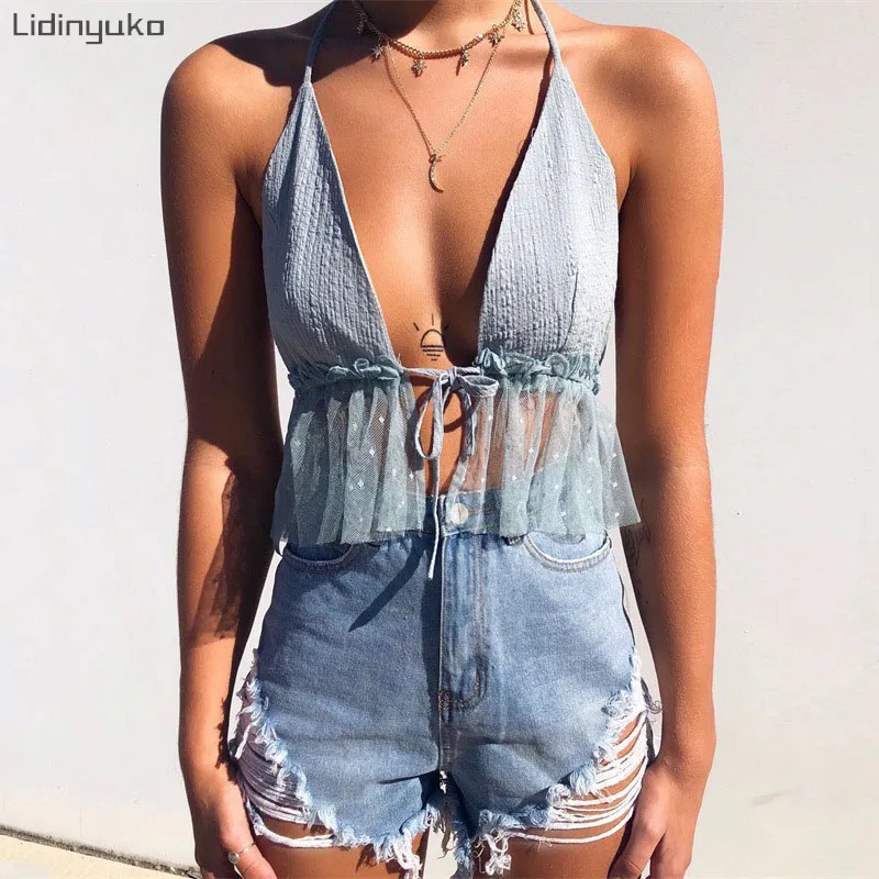 

Hot Women Summer Casual Hanging Strap Sexy Backless Tank Tops Fashion Mesh Ladies Transparent Vest Beach Holiday Blouse Female