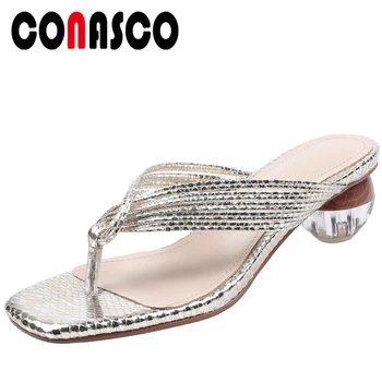 

CONASCO Women Sandals Narrow Band Flip Flops Thick Heels Summer 2020 New Arrival Fashion Sexy Concise Casual Beach Shoes Woman