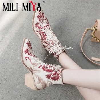 

MILI-MIYA New Fashion Women Ankle Boots Woman Shoe Flower Embroider High Square Heel Lace-up Pointed Toe China Style women shoes