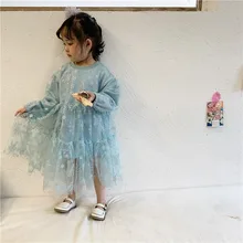 Голубое платье с вышивкой снежинок и длинными рукавами; праздничный костюм принцессы Эльзы; Детские платья для девочек