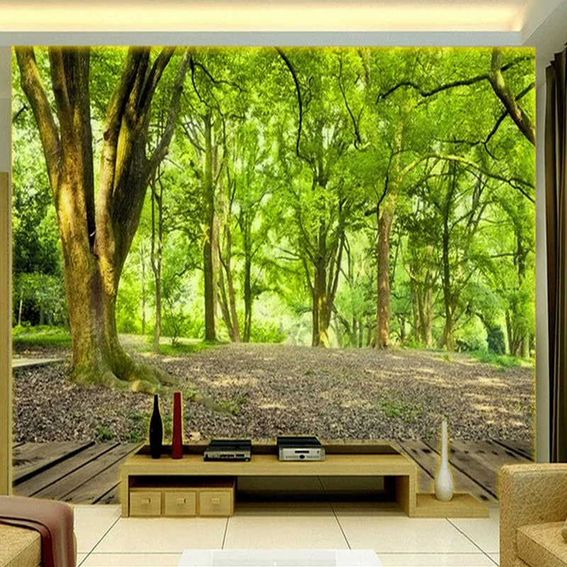

Dropship Green Forest Trees Photo Mural For Bedroom TV Sofa Background Wall Non-woven Straw Texture Customize 3D Wallpaper