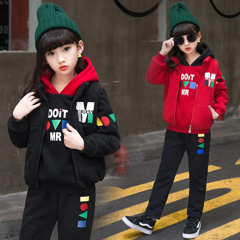 

Girls Autumn And Winter Hoodie Three-piece Set 2018 New Style Brushed And Thick Big Boy Set Contrast Color Children Casual Wear