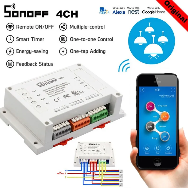 Sonoff беспроводной смарт-коммутатор 4CH Pro R2 433 МГц 4 канала банды RF дистанционного Wifi переключатель инчинг интерлок реле Alexa Google Home