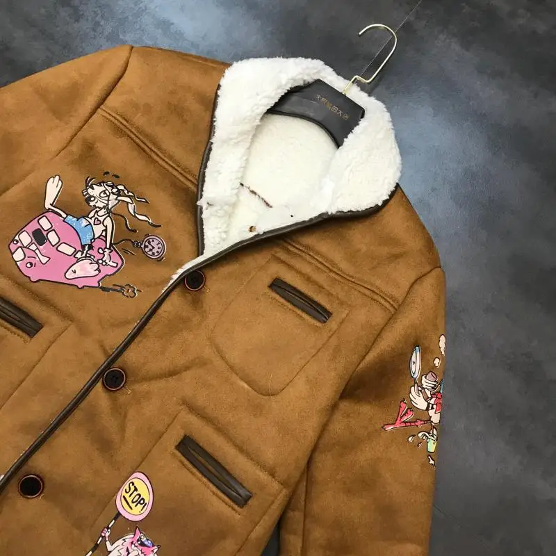 winter new cartoon print suede inside fleece long-sleeved jacket bomber jacket tide