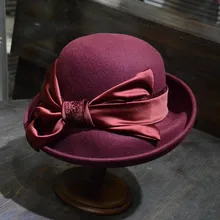 Хуа Цяо английская леди из качественной шерсти шляпы лук нерегулярные поля шляпы формальная шляпа