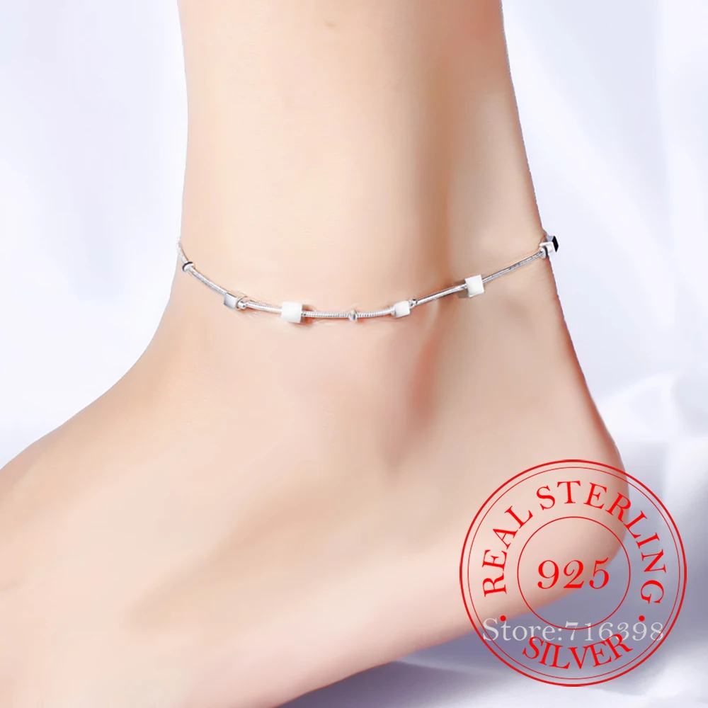Square Beads Anklet For Women 925 Sterling Silver Jewelry