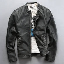 Новая Мужская винтажная куртка из натуральной кожи, классический стиль, стоячий воротник, Воловья кожа, куртки для верховой езды