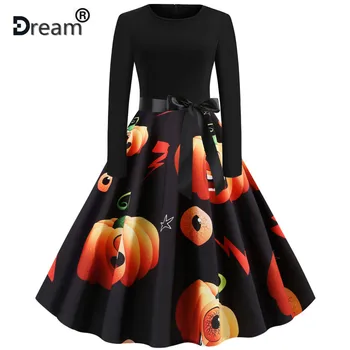 

Halloween Pumpkin Vintage Dress Women Skull Print Patchwork Midi Princess Swing Dresses Ladies Costume for Festival Party Dress