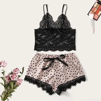

sleep tops pijama lingerie Women Satin Lace Silk Print Camisole Shorts Bow Set Sleepwear Pajamas Lingerie dormir tops pijamas