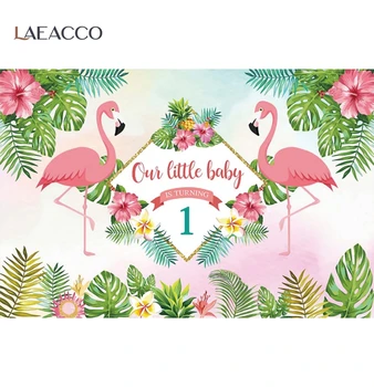 

Laeacco Flamingo 1st Birthday Party Pink Tropical Palms Tree Child Customized Poster Portrait Photo Background Photo Backdrop