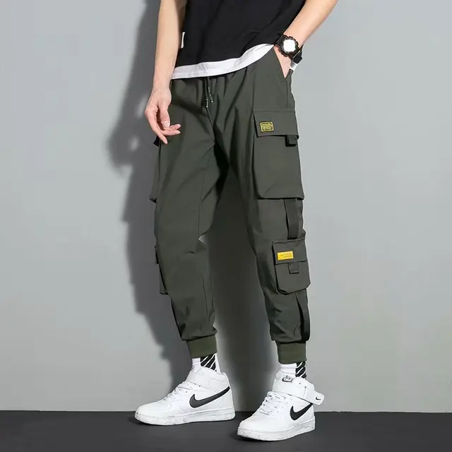 Pantalones Cargo con cintas para hombre, ropa de calle informal con bolsillos laterales, estilo Hip Hop, color negro, 2021 4
