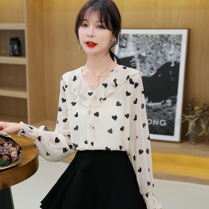 

COIGARSAM Casual blouse women New Spring Ruffles Print Polka Dot Full Sleeve Chiffon Loose blusas womens tops and blouses 8730