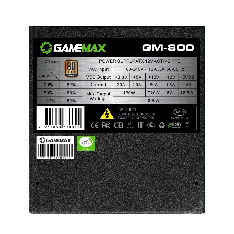 Gamemax 800 Вт блок питания полумодульный 80 плюс Бронзовый PSU PFC тихий вентилятор ATX