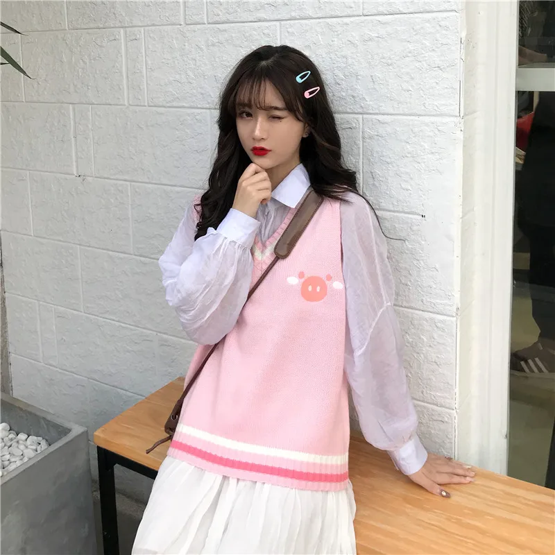Ulzzang Свободный корейский стиль студентов вышитые мягкие девушки колледж жилет свитер вязаный жилет женщин