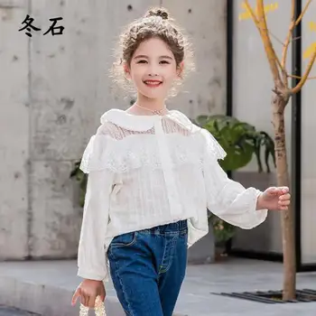 

2020 Spring Fall Teenager Baby School Girls White Blouse Lace Bow Girls Tops Kids Shirts Long Sleeve Shirts Children's Clothing