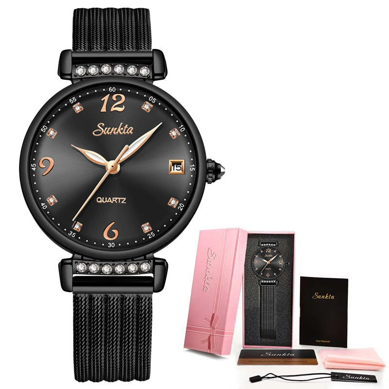 Black SUNKTA женские часы люксовый бренд сетчатый ремень женские кварцевые женские часы спортивные Relogio Feminino Montre Femme наручные часы+ коробка - Цвет: Black