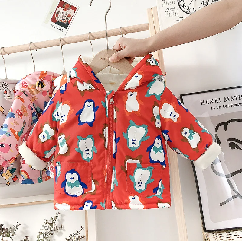 Новое пальто для детей 2-6 лет, зимняя куртка с капюшоном и милым принтом в Корейском стиле для маленьких мальчиков и девочек, утепленная хлопковая куртка с плюшевой подкладкой - Цвет: Оранжевый
