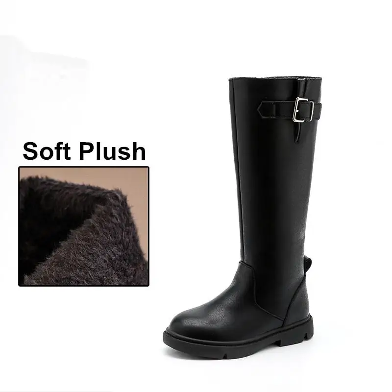 Black Plush Высокие сапоги для девочек; Детские кожаные зимние сапоги для девочек; коллекция года; Модные Ботинки martin для малышей; Bota; детская обувь принцессы; размеры 23-37 - Цвет: Black Plush