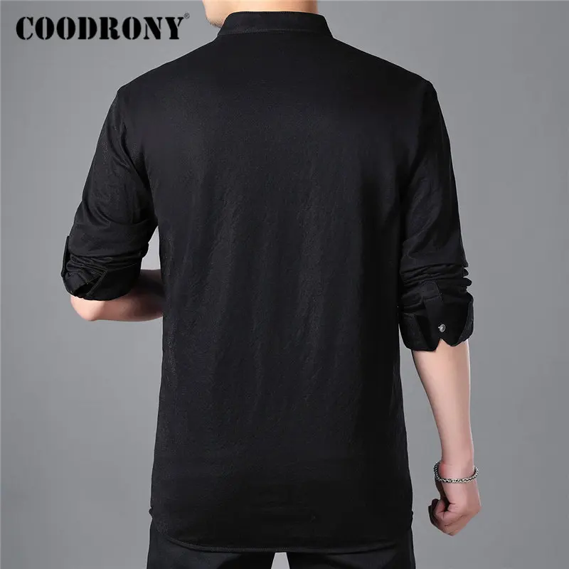 Бренд COODRONY, мужская рубашка, черная, Бизнес Стиль, повседневные рубашки, осень, длинный рукав, хлопок, рубашка для мужчин, воротник-стойка, Camisa Masculina 96090