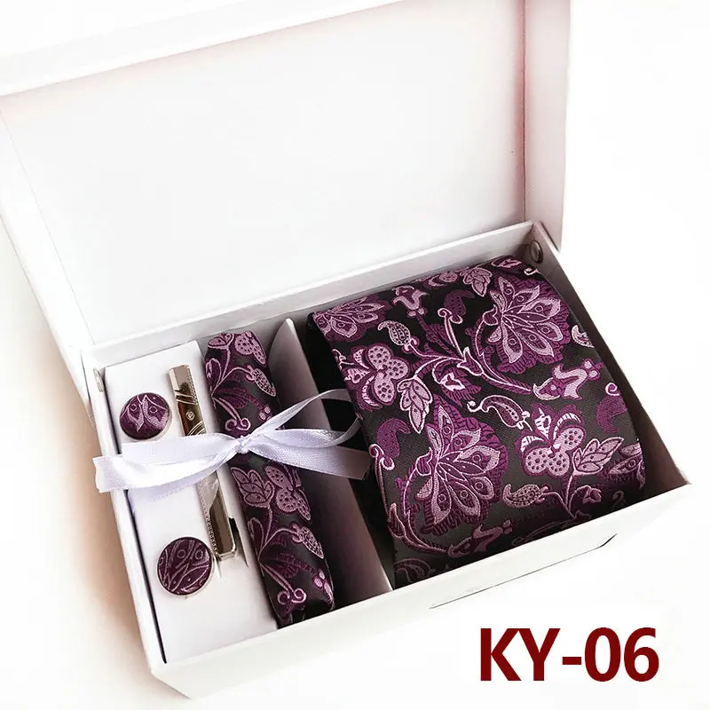 Necktie Set 6 шт. Модные мужские Пейсли Цветочные деловой носовой платок галстук в подарок запонки зажимы для галстука Цветочные карманы квадратные носовые платки галстук - Цвет: Necktie Set