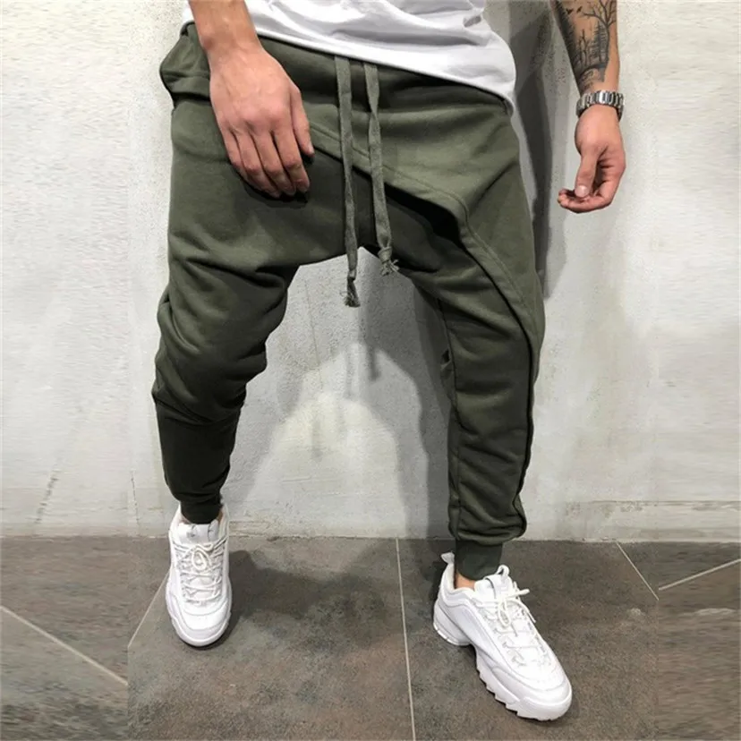 

Men Asymetric Layered Jogger Pant Hip Hop Streetwear Jogger Pants Slim Fit Casual Drawstring Close Bottom Long Pants