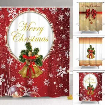 

Polyester Merry Christmas Bathroom Set Rosette Bell Pattern Waterproof Shower Curtain Toilet Cover Non Slip Rug Party Home Decor