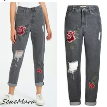 Джинсы с высокой талией для женщин, повседневные джинсы с вышивкой, уличная одежда, корейский стиль, джинсы с дырками