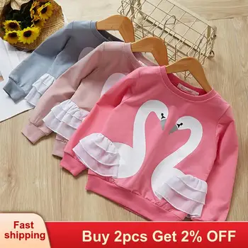 

Kids Girls Long-Sleeve Tops Tees 2020 Children Swan Cartoon pattern lace ornament Clothin Girls T-shirt Children Clothes